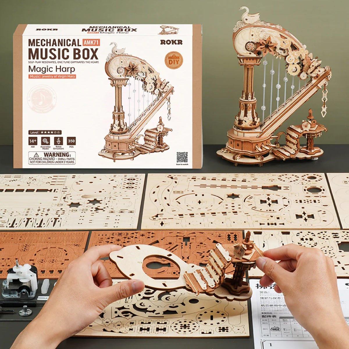 ROKR Magic Harp Music Box 3D Wooden Puzzle - Elegant Mechanical Music Model