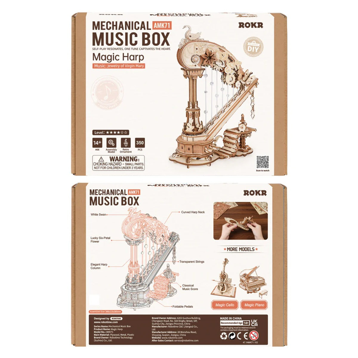 ROKR Magic Harp Music Box 3D Wooden Puzzle - Elegant Mechanical Music Model