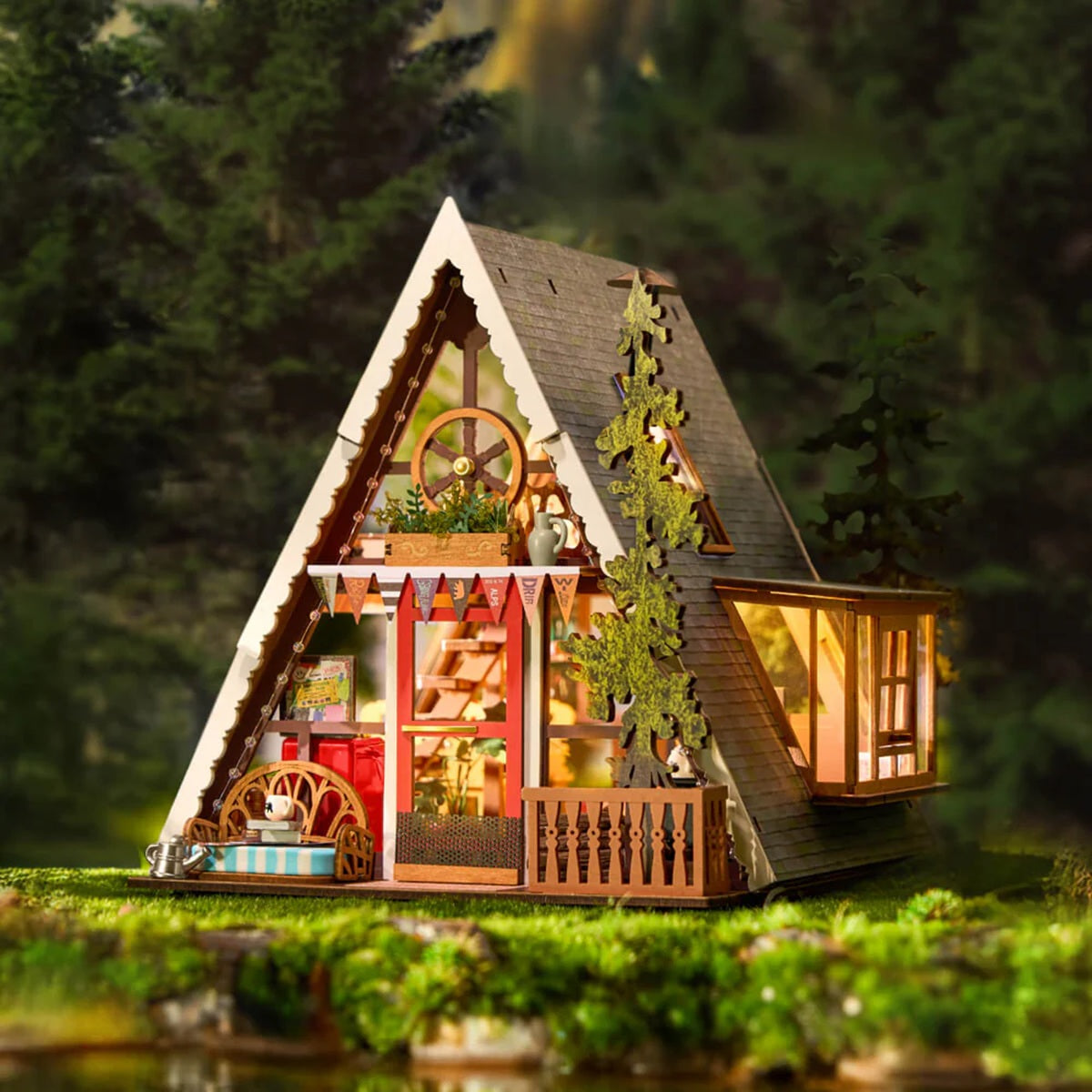 Rolife A-Frame Cabin DIY Miniature House Kit - Modern Glamping Model with LED