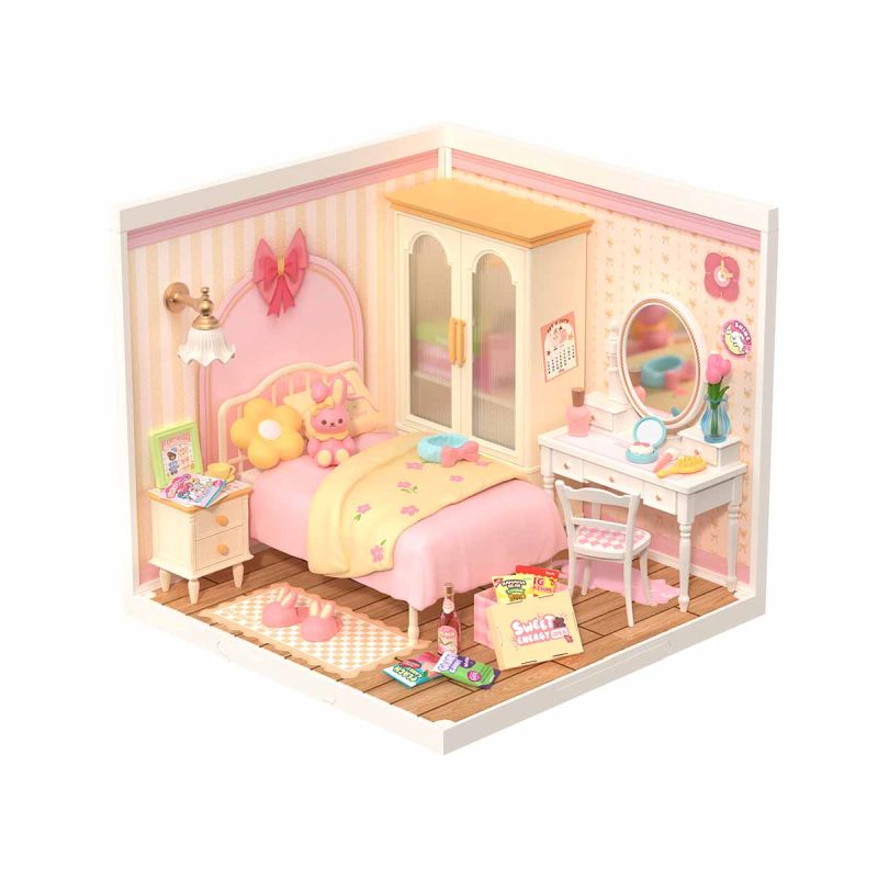 Rolife Lovely Pink Bedroom DIY Miniature House - Cozy Bedroom Scene
