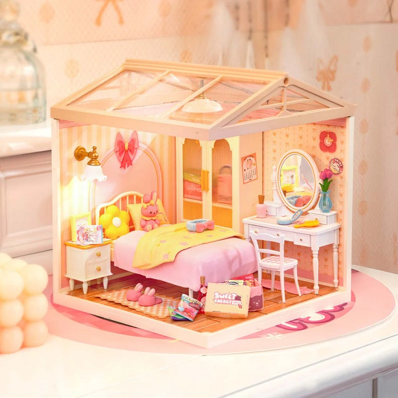 Rolife Lovely Pink Bedroom DIY Miniature House - Cozy Bedroom Scene
