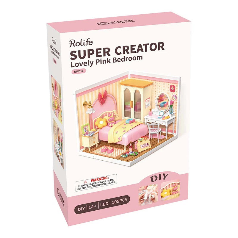 Rolife Lovely Pink Bedroom DIY Miniature House - Cozy Bedroom Scene
