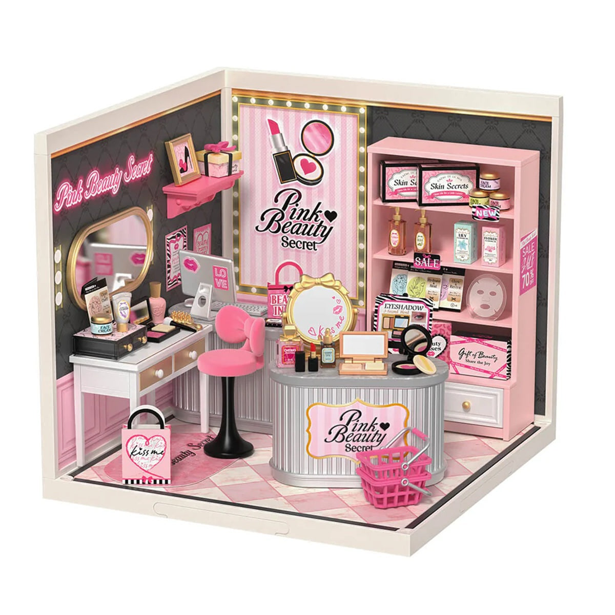 Rolife Pink Beauty Secret DIY Miniature Cosmetics Shop Kit with LED Lighting