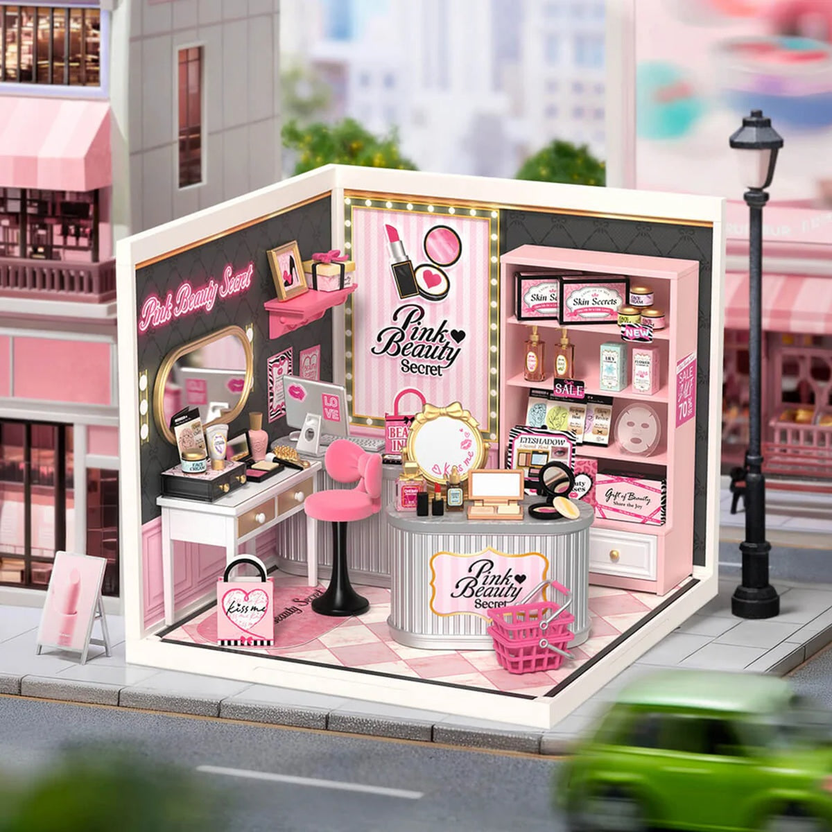 Rolife Pink Beauty Secret DIY Miniature Cosmetics Shop Kit with LED Lighting