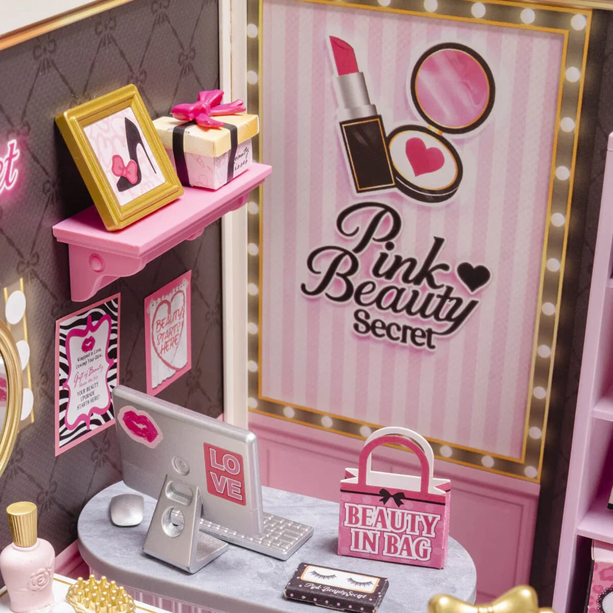 Rolife Pink Beauty Secret DIY Miniature Cosmetics Shop Kit with LED Lighting