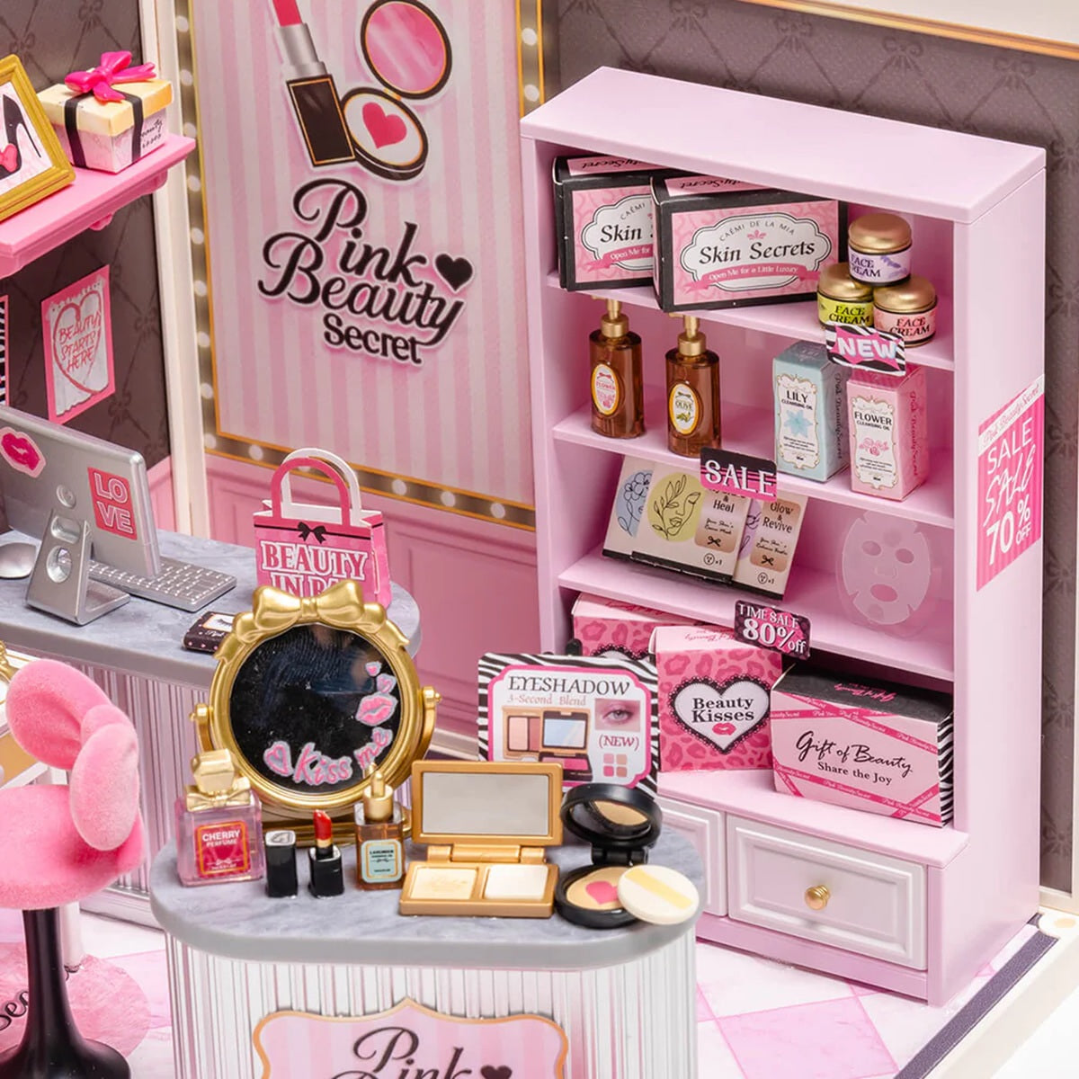 Rolife Pink Beauty Secret DIY Miniature Cosmetics Shop Kit with LED Lighting