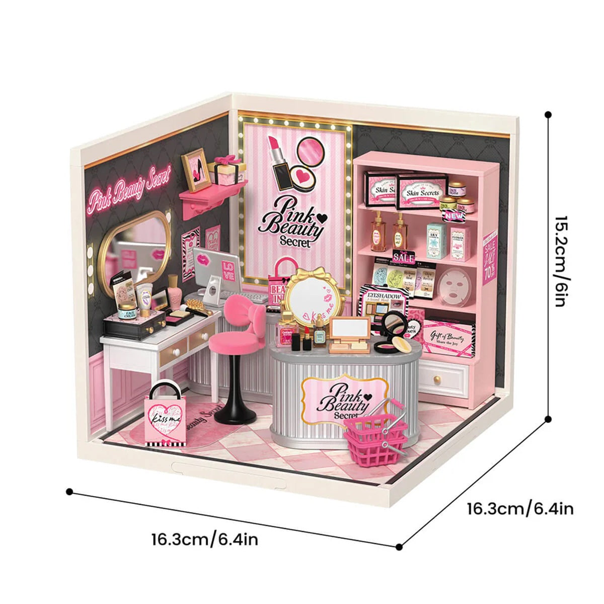 Rolife Pink Beauty Secret DIY Miniature Cosmetics Shop Kit with LED Lighting