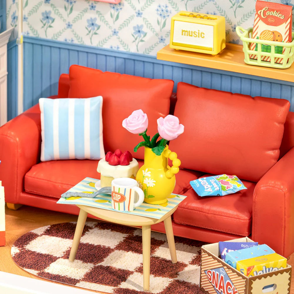 Rolife Country Blue Lounge DIY Miniature House - Cozy Rustic Living Room Scene