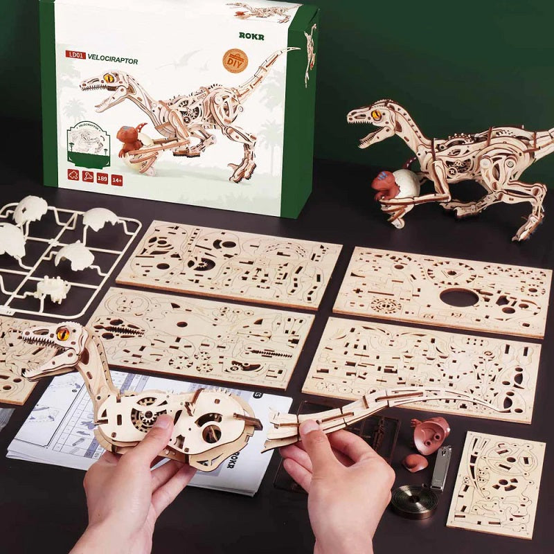 ROKR Velociraptor Mechanical 3D Wooden Puzzle - Dinosaur Model Kit