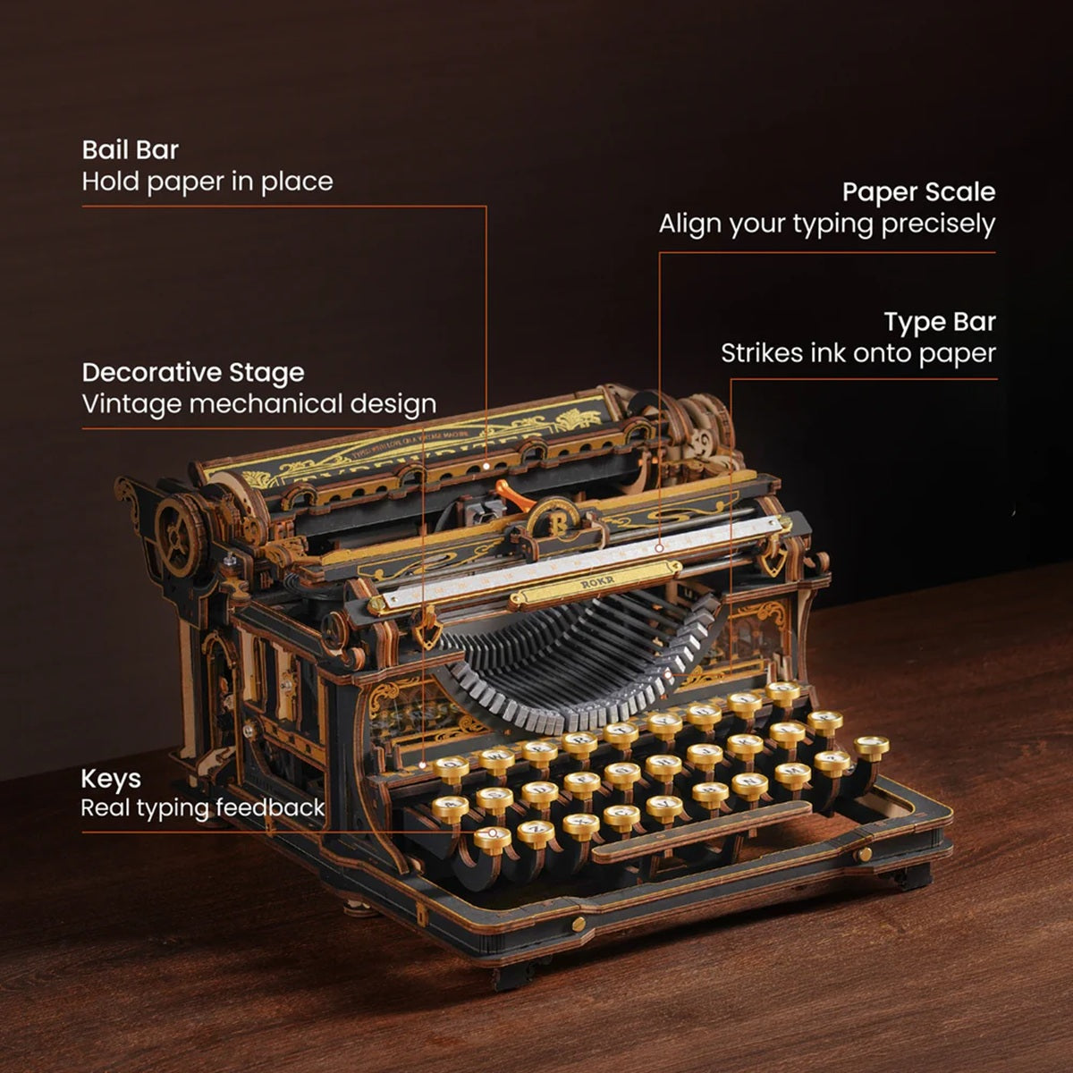 ROKR Mechanical Typewriter 3D Wooden Puzzle Classic Version - Fully Functional 324 Piece Kit