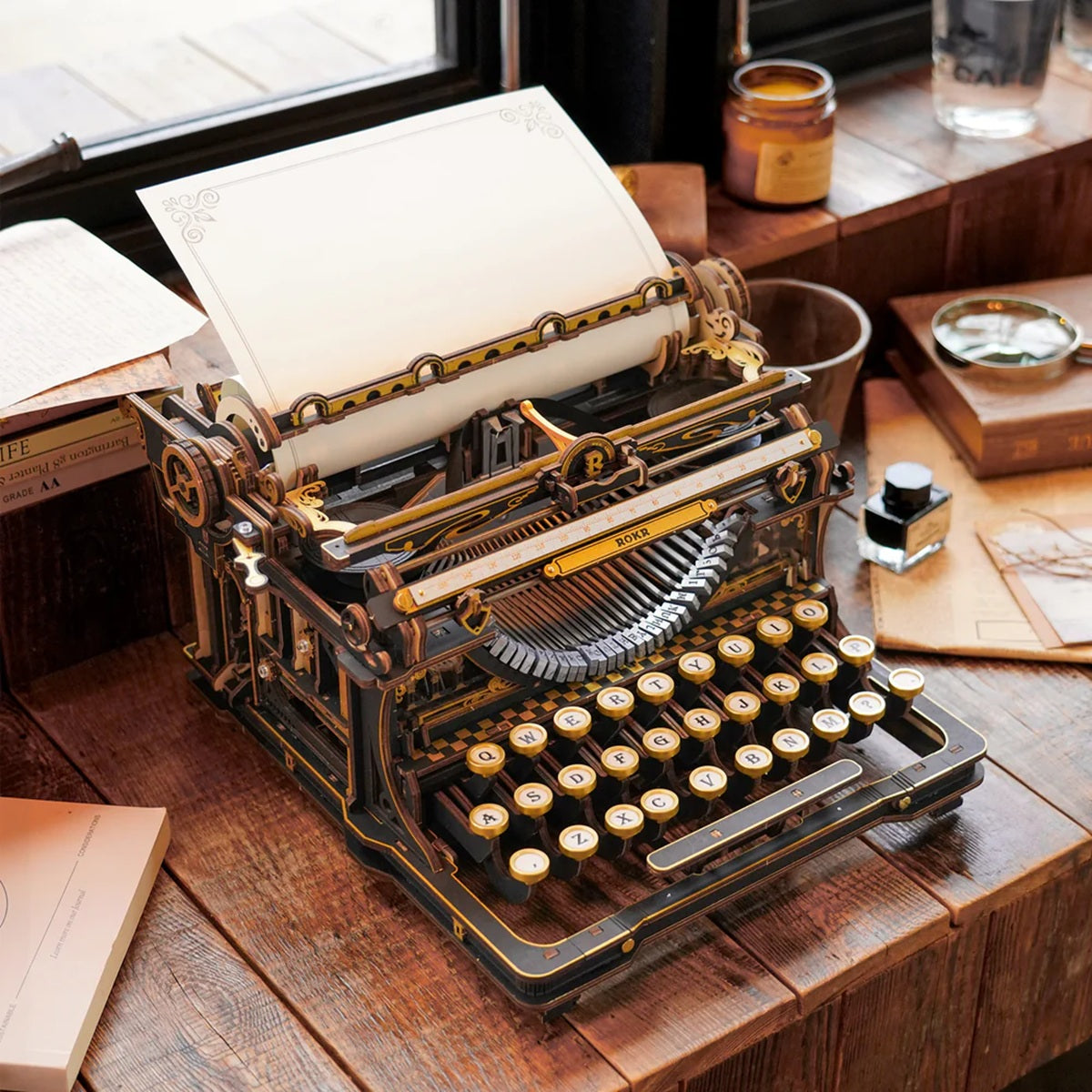 ROKR Mechanical Typewriter 3D Wooden Puzzle Classic Version - Fully Functional 324 Piece Kit