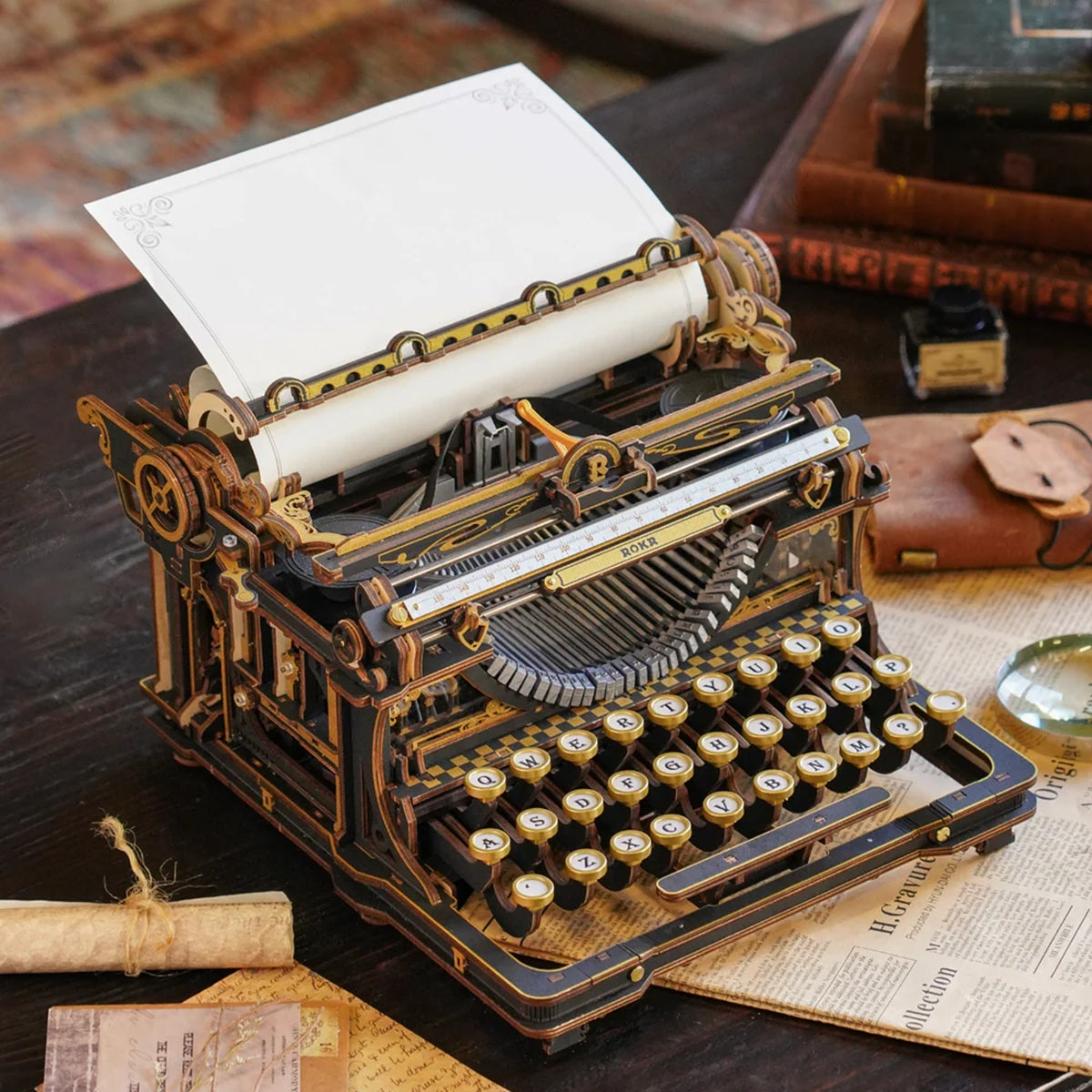 ROKR Mechanical Typewriter 3D Wooden Puzzle Classic Version - Fully Functional 324 Piece Kit
