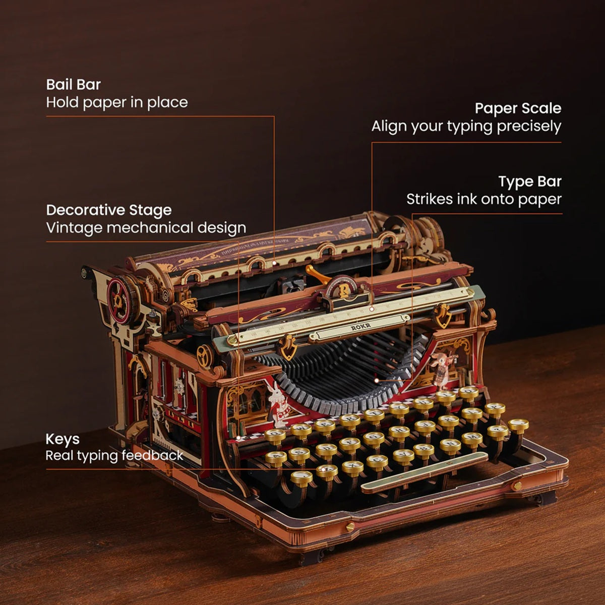 ROKR Mechanical Typewriter 3D Wooden Puzzle Magic Version - 324 Piece Functional Model