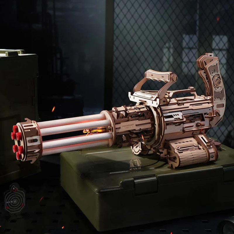 ROKR Rotating Barrel Machine Gun Toy 3D Wooden Puzzle - Rubber Band Launcher