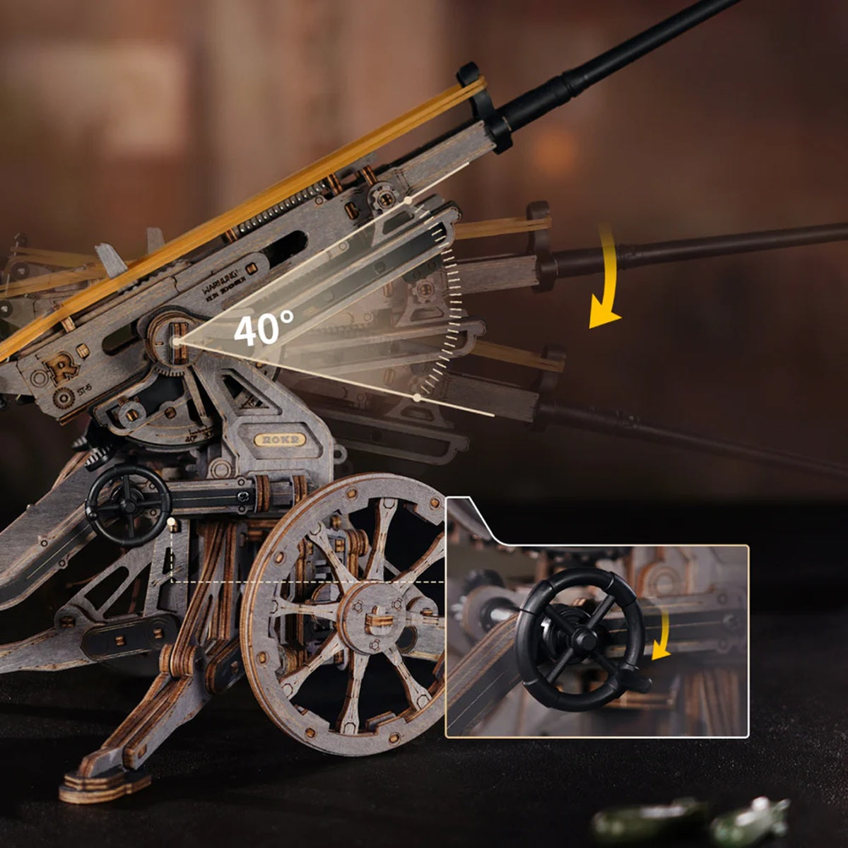 ROKR Anti-Aircraft Gun 3D Wooden Puzzle - 133 Piece 1937 Replica Rubber Band Launcher