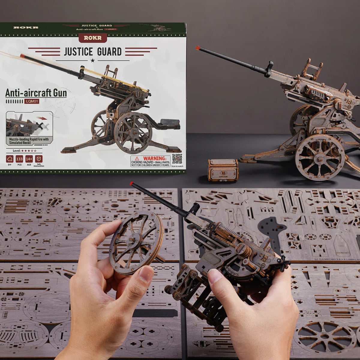 ROKR Anti-Aircraft Gun 3D Wooden Puzzle - 133 Piece 1937 Replica Rubber Band Launcher