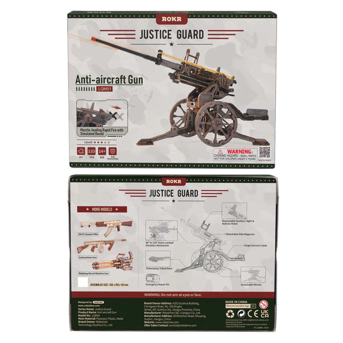 ROKR Anti-Aircraft Gun 3D Wooden Puzzle - 133 Piece 1937 Replica Rubber Band Launcher