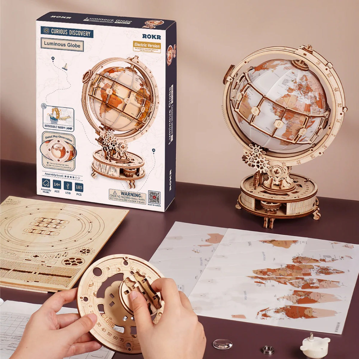 ROKR Luminous Globe 3D Wooden Puzzle - 180 Piece Electric LED Night Light Model