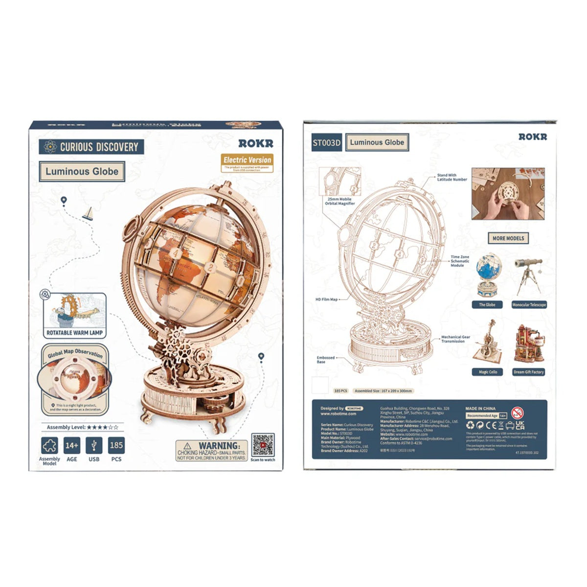 ROKR Luminous Globe 3D Wooden Puzzle - 180 Piece Electric LED Night Light Model