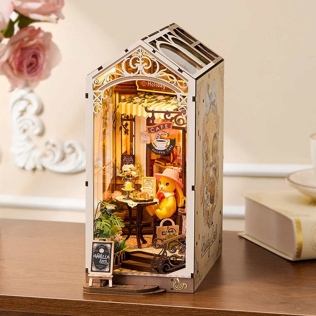 Rolife Holiday Cafe DIY Book Nook Shelf Insert - Cozy Miniature Bookcase Scene
