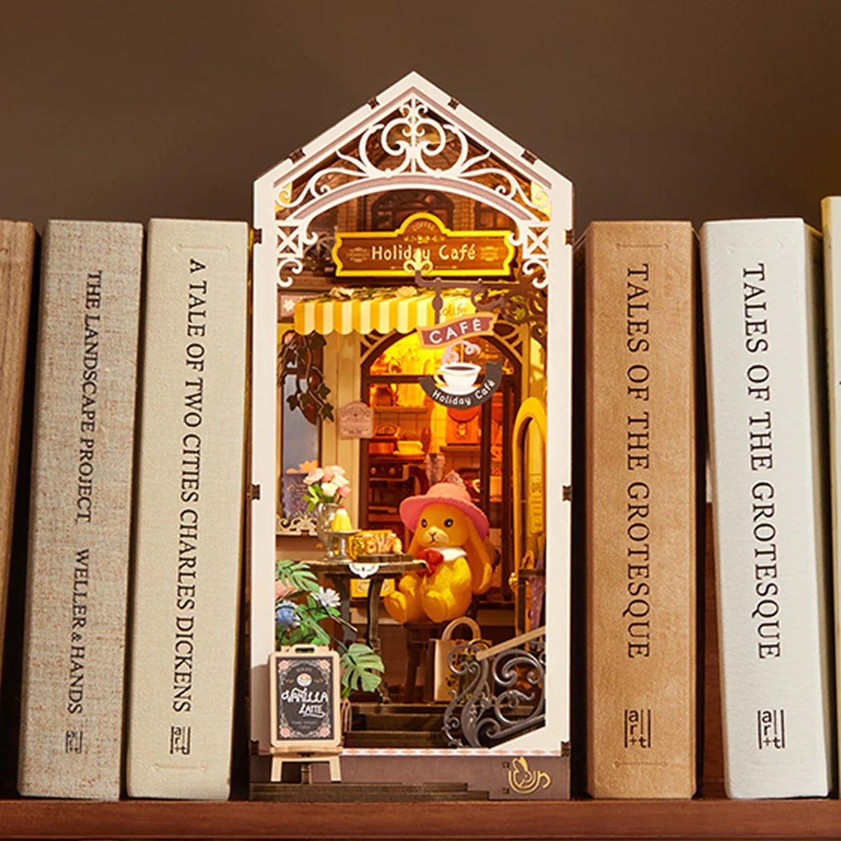 Rolife Holiday Cafe DIY Book Nook Shelf Insert - Cozy Miniature Bookcase Scene