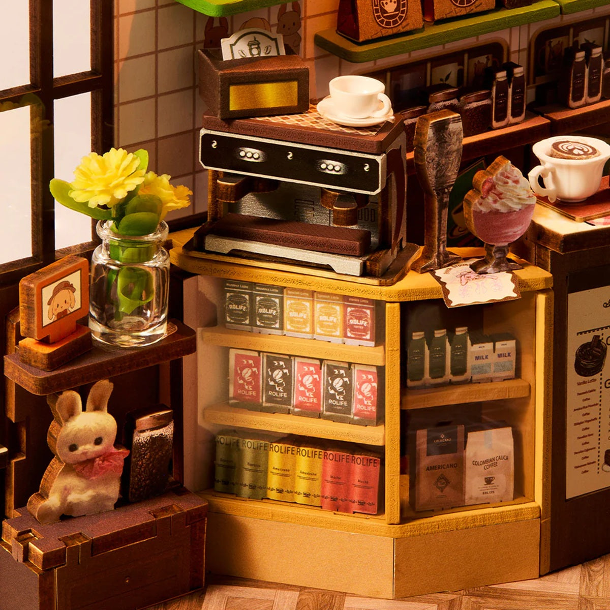 Rolife Holiday Cafe DIY Book Nook Shelf Insert - Cozy Miniature Bookcase Scene