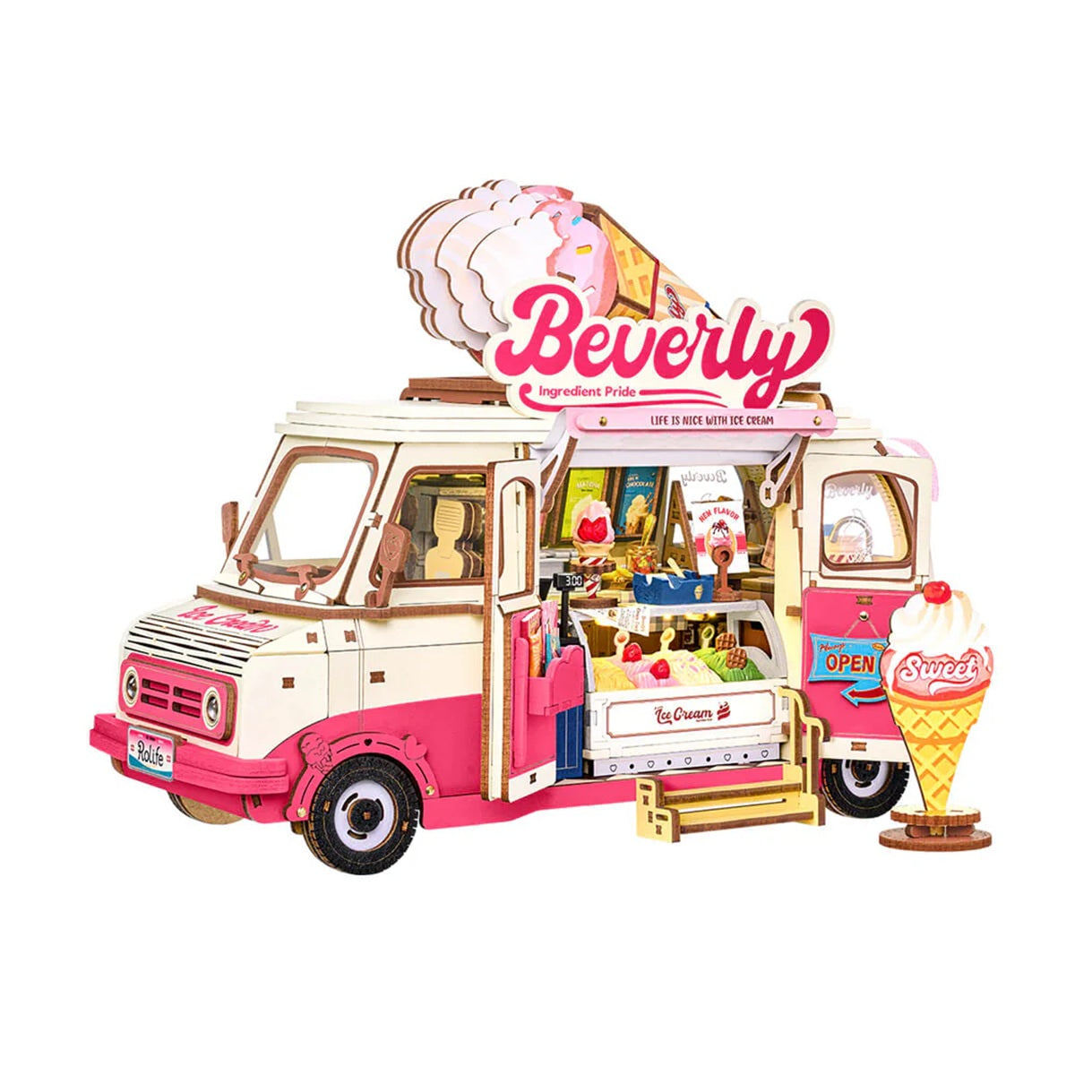 Rolife Beverly's Ice Cream Truck 3D Wooden Puzzle - 290 Piece LED Model Kit