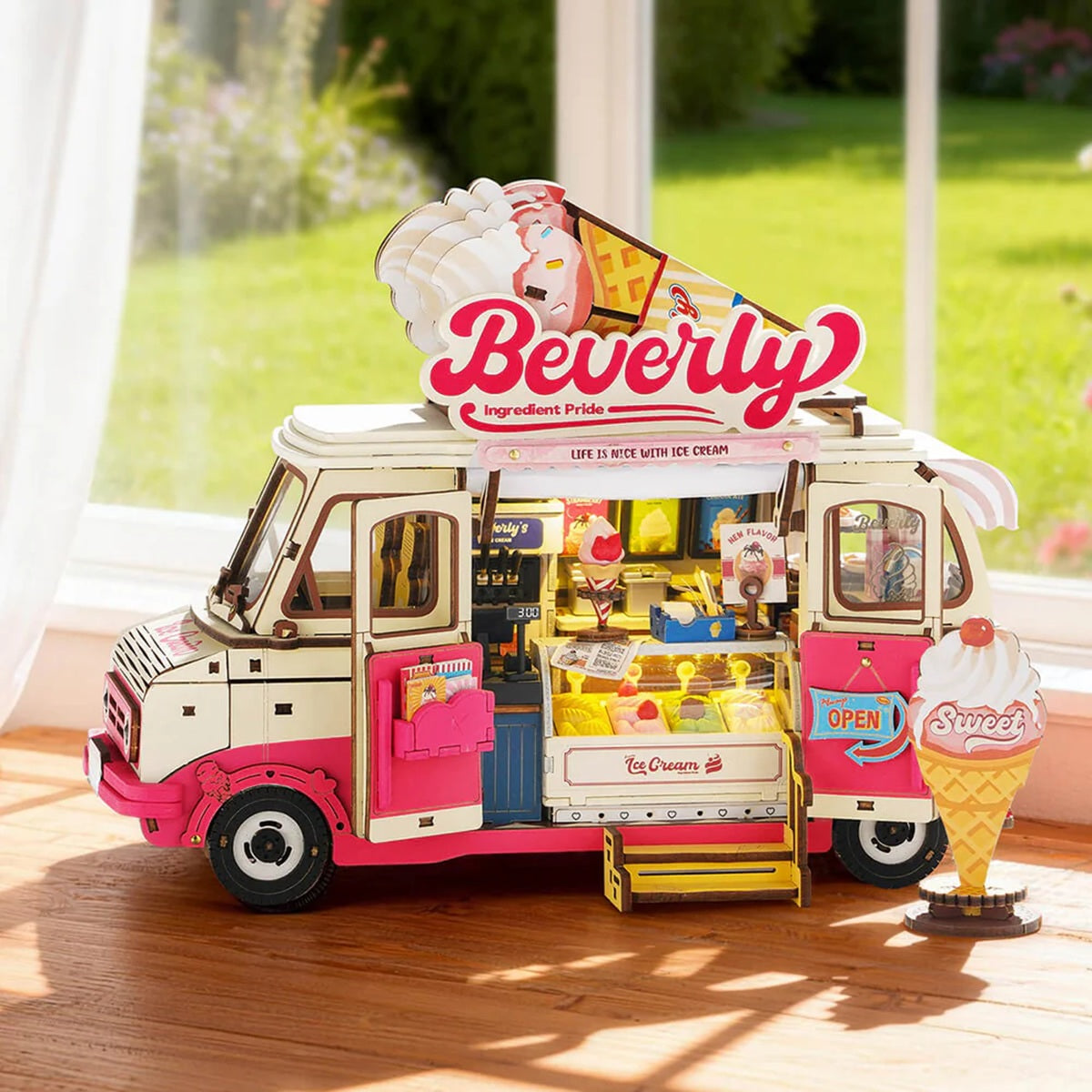 Rolife Beverly's Ice Cream Truck 3D Wooden Puzzle - 290 Piece LED Model Kit