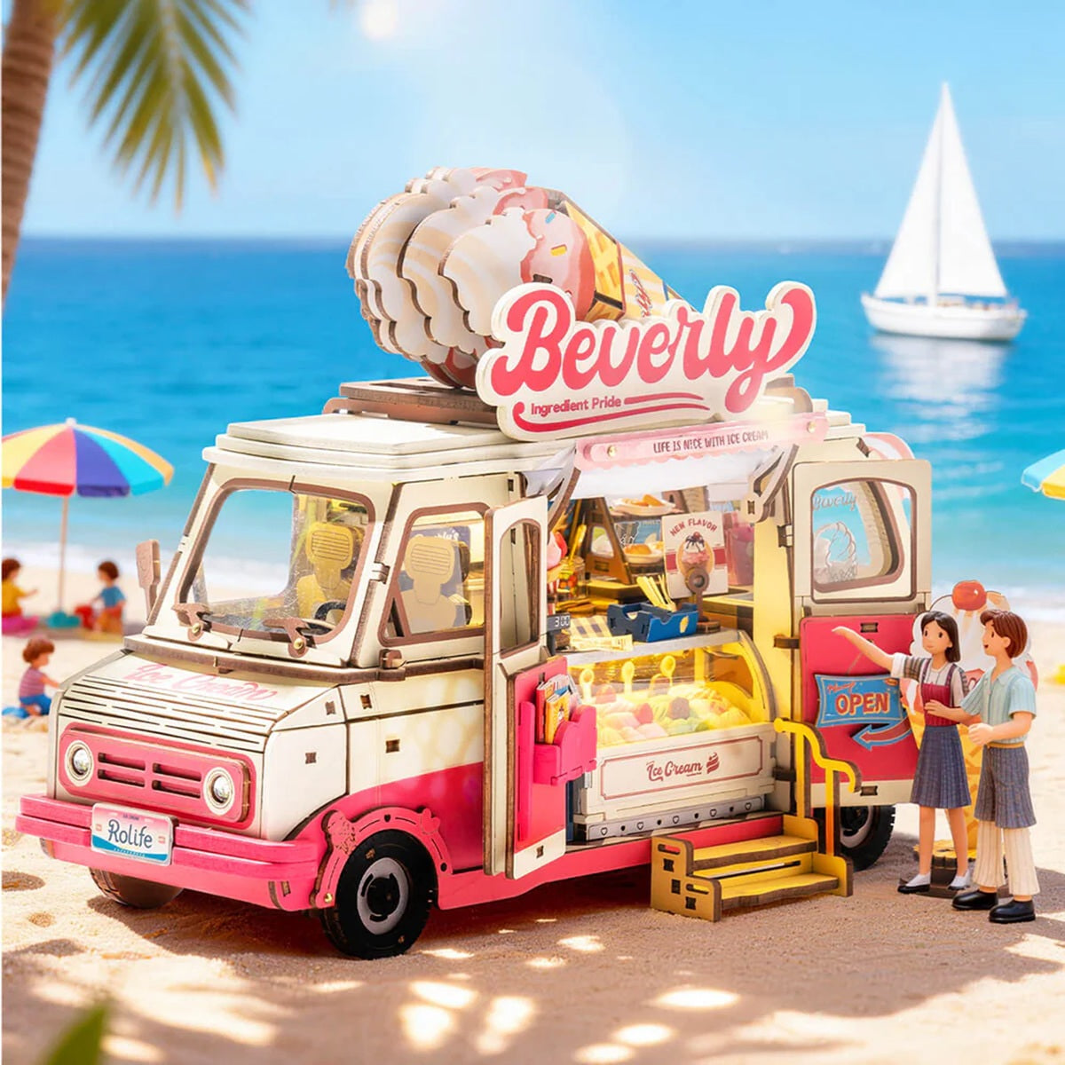 Rolife Beverly's Ice Cream Truck 3D Wooden Puzzle - 290 Piece LED Model Kit