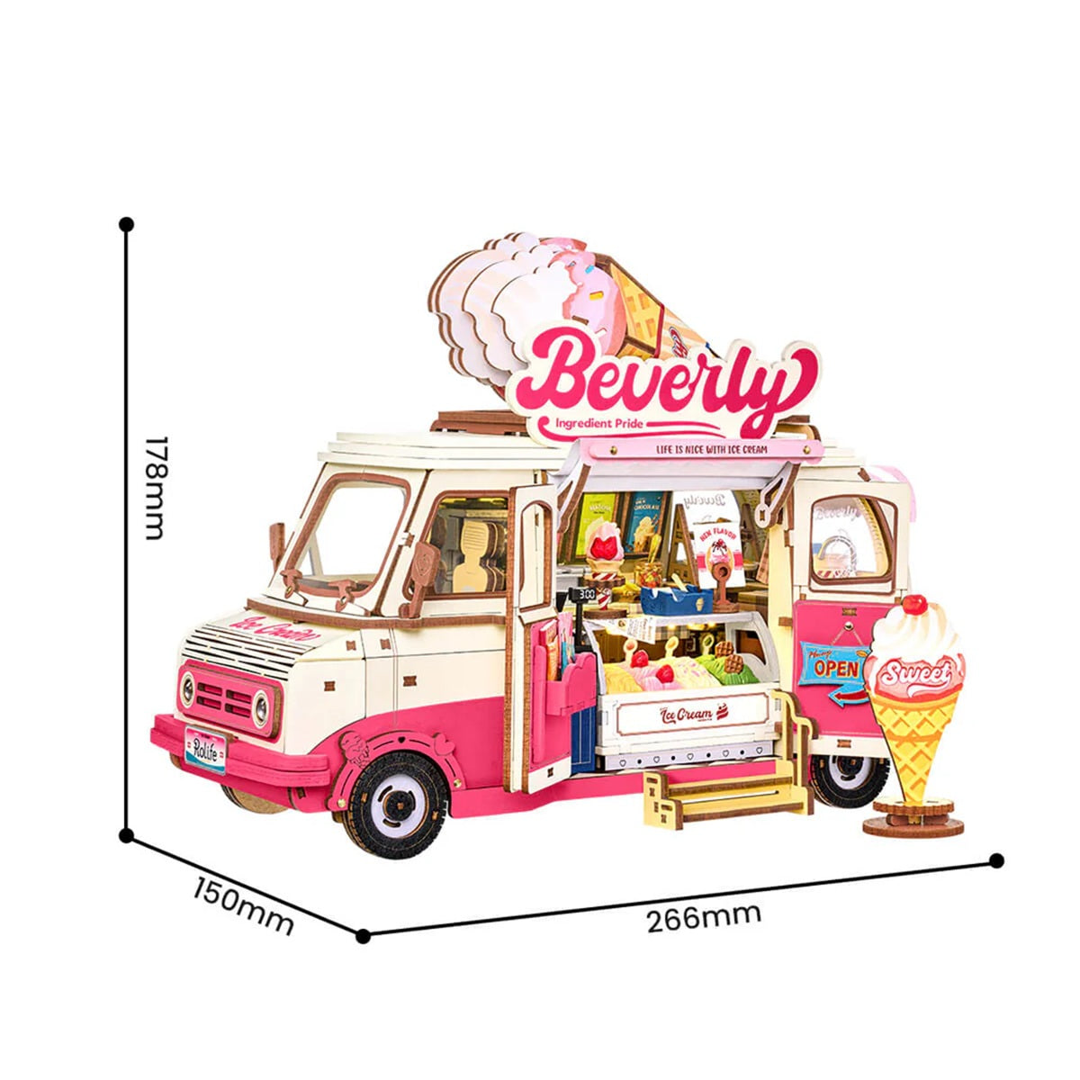 Rolife Beverly's Ice Cream Truck 3D Wooden Puzzle - 290 Piece LED Model Kit