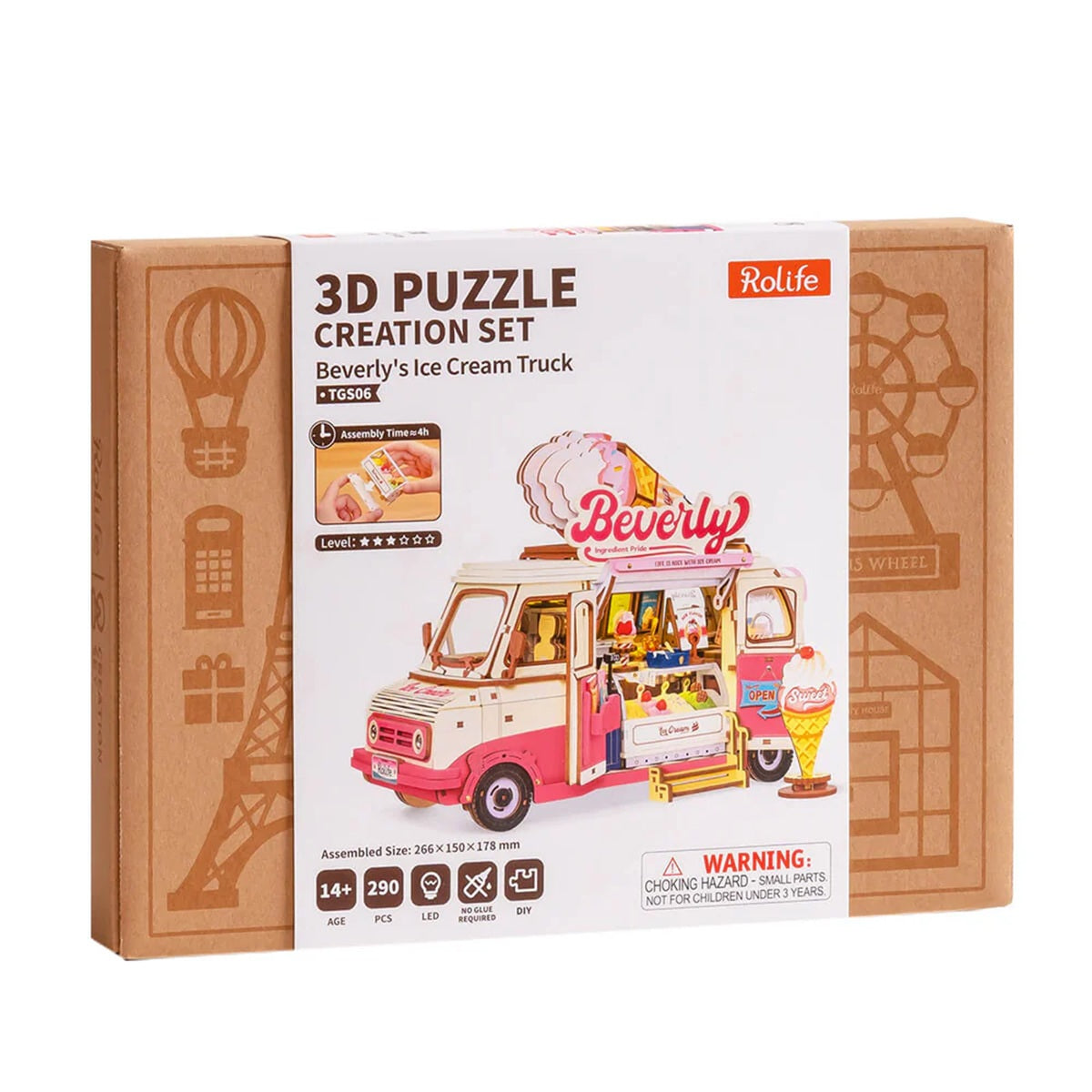 Rolife Beverly's Ice Cream Truck 3D Wooden Puzzle - 290 Piece LED Model Kit