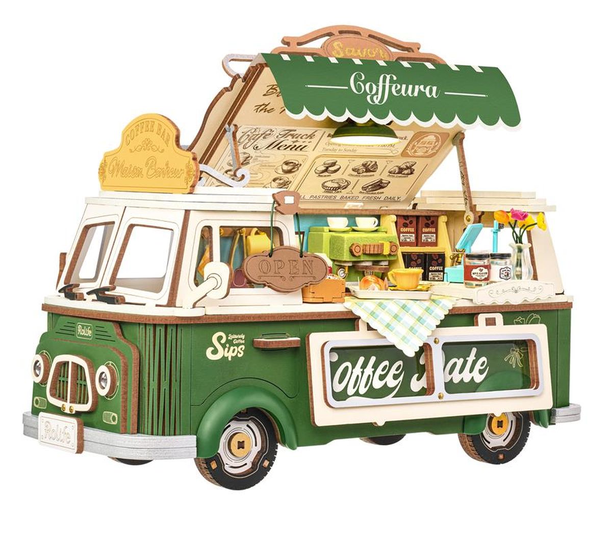 Rolife Leo's Coffee Truck 3D Wooden Puzzle - DIY Mobile Cafe Model with LED