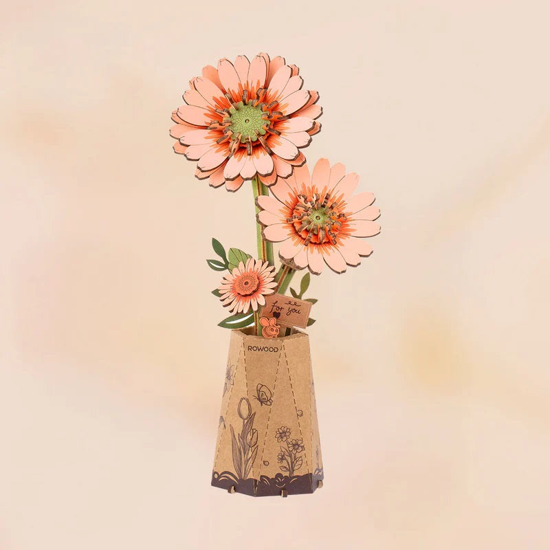 Rolife Orange Gerbera Daisy DIY Wooden Flower - Vibrant Floral Display