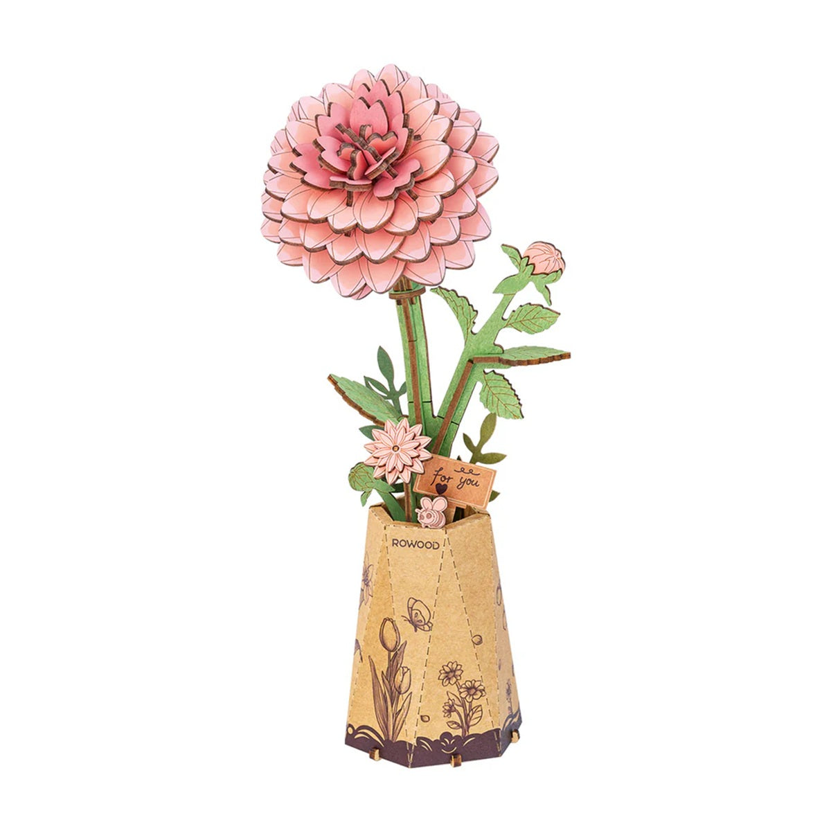 Rolife Pink Dahlia DIY Wooden Flower 3D Puzzle - Elegant Handcrafted Floral Display