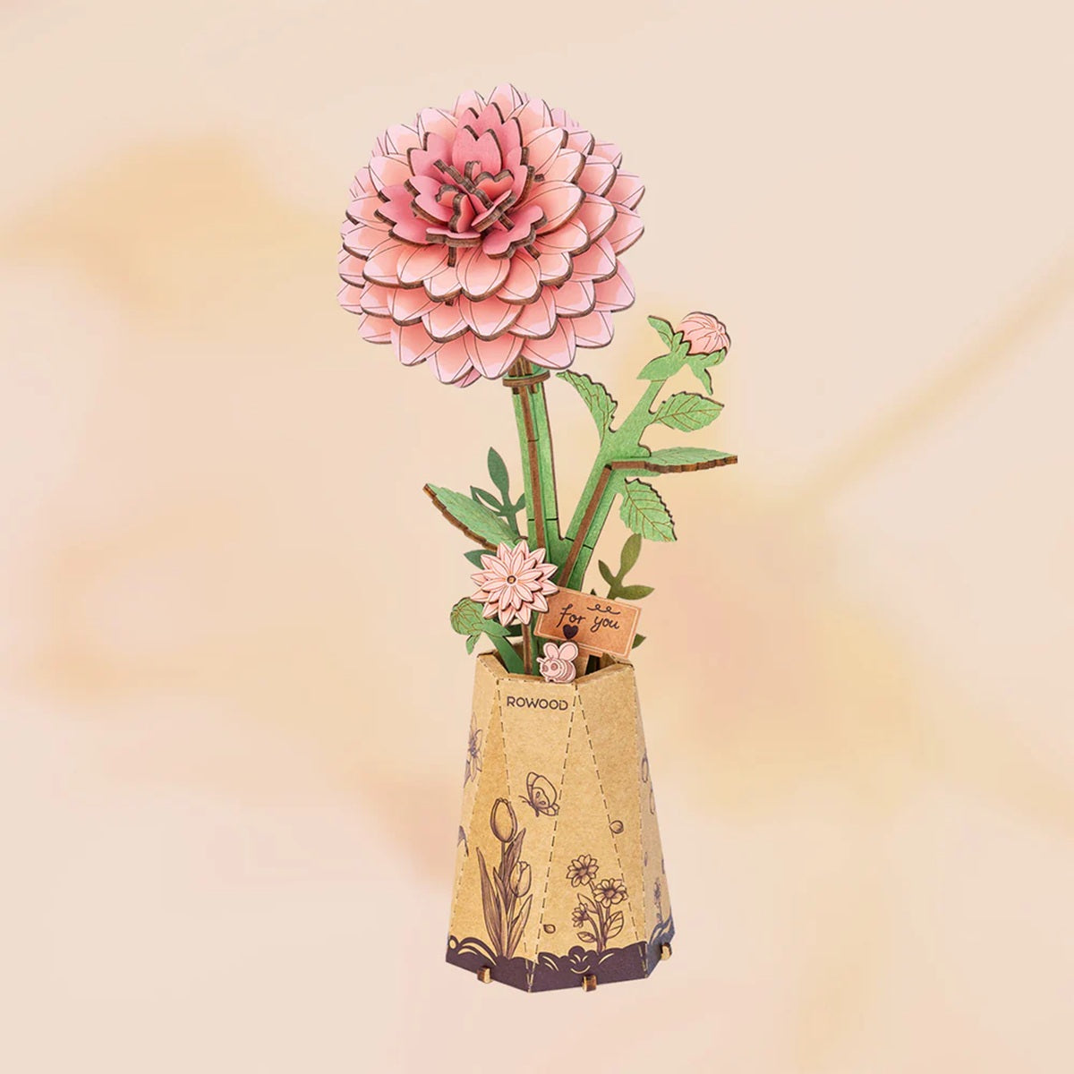Rolife Pink Dahlia DIY Wooden Flower 3D Puzzle - Elegant Handcrafted Floral Display
