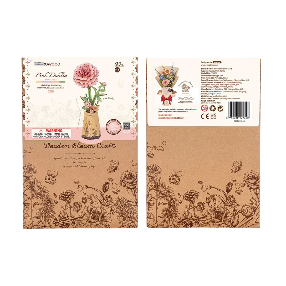 Rolife Pink Dahlia DIY Wooden Flower 3D Puzzle - Elegant Handcrafted Floral Display