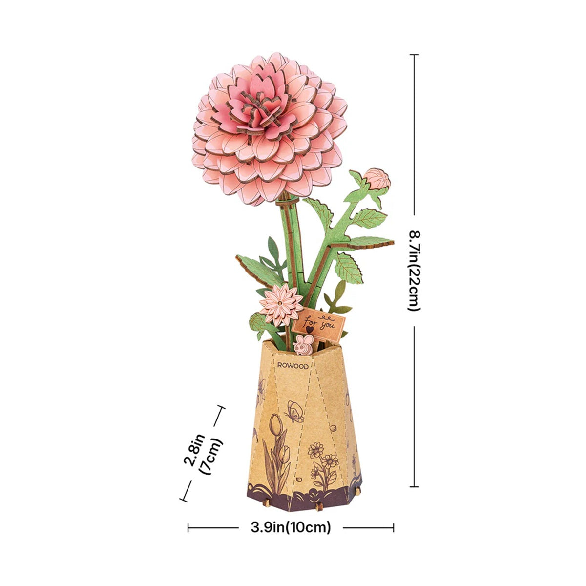 Rolife Pink Dahlia DIY Wooden Flower 3D Puzzle - Elegant Handcrafted Floral Display