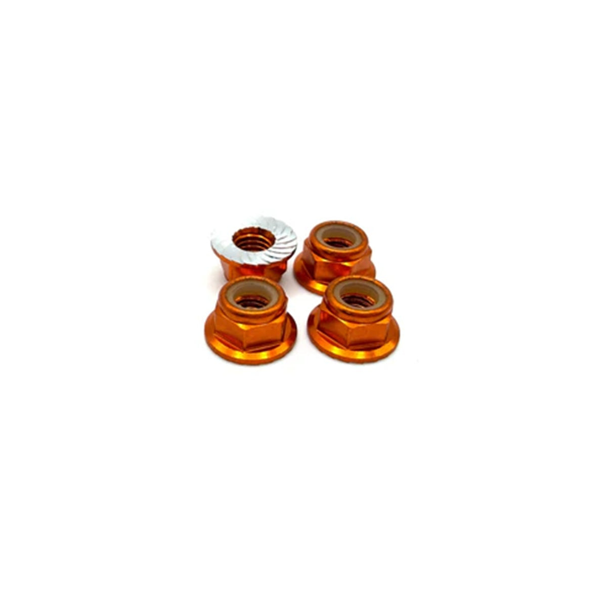 Reef's RC 5mm Aluminum Flanged Serrated Lock Nut 4-Pack Orange Anodized