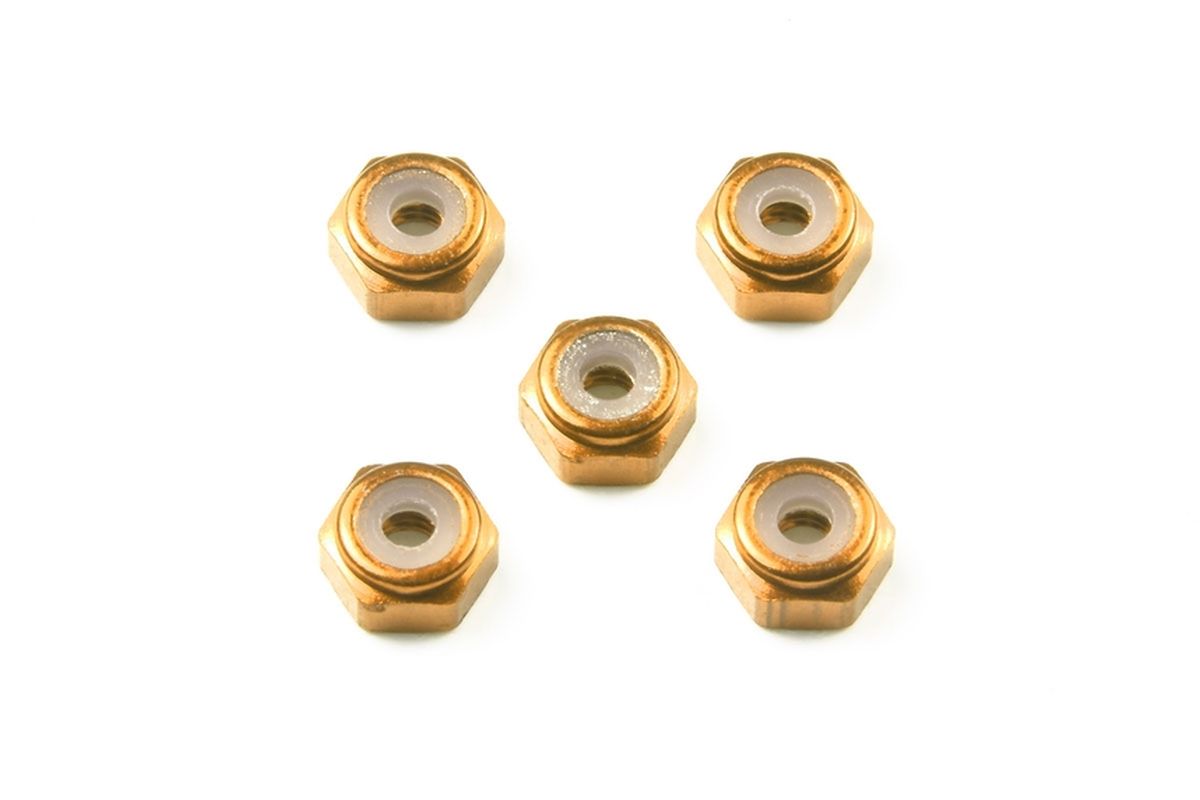 Tamiya Mini 4WD 2mm Aluminum Lock Nuts, Gold (5 pcs) – Resin Insert Nuts for Rollers & Mass Dampers