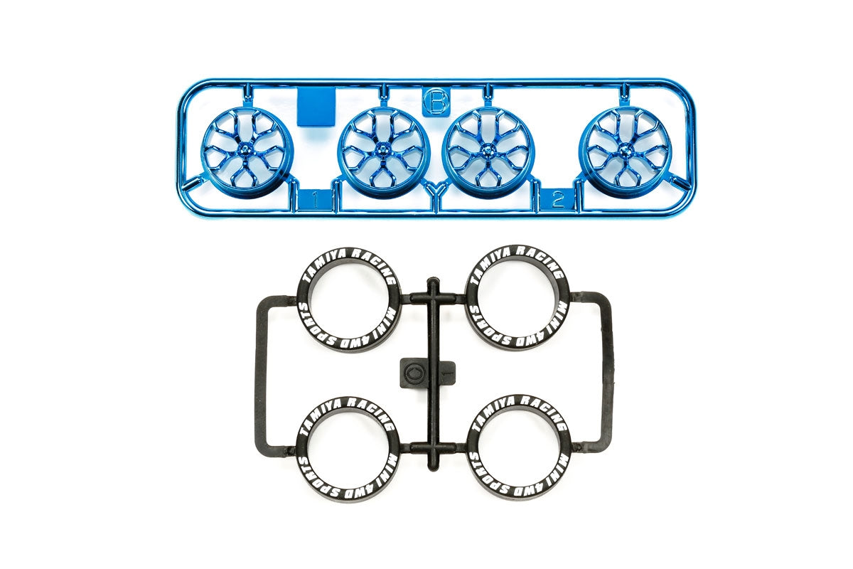 Tamiya JR LP Tire/Plated Wheel Set, Blue Plated (Y-Spoke) 95528