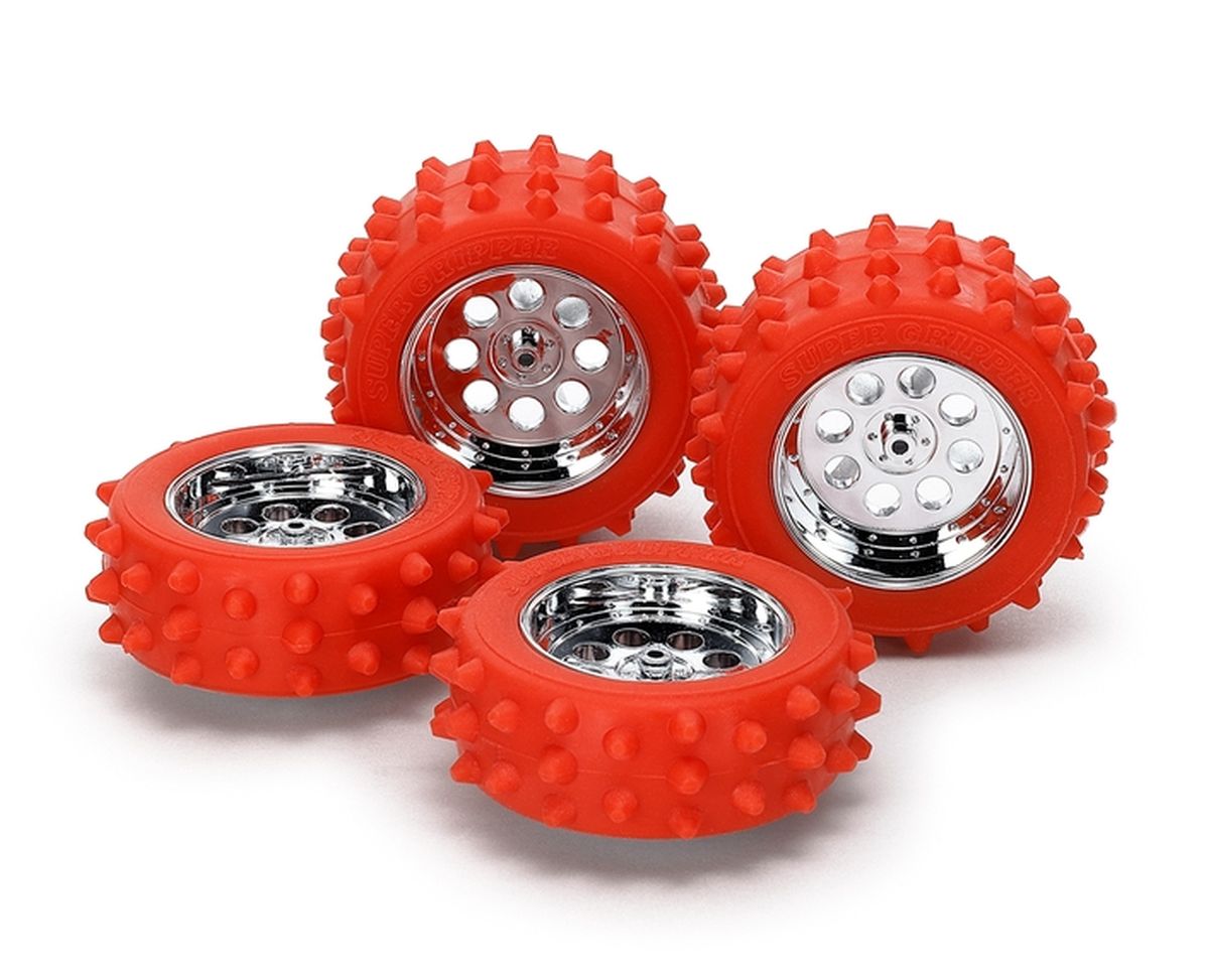 Tamiya JR Spike Tire/Wheel Set, Red Tires/Silver Plated Wheels