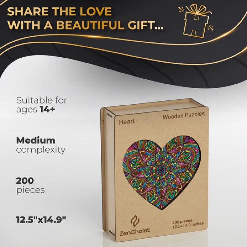 ZenChalet Puzzles Mandala Heart Wooden Jigsaw Puzzle 200 pcs MH200