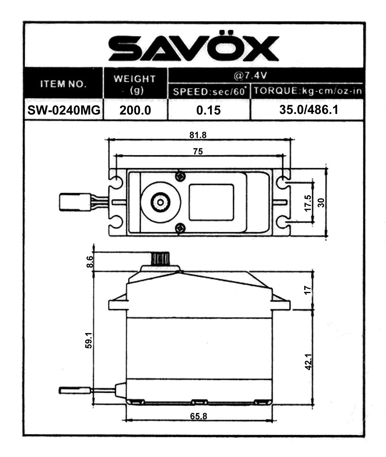 Savox Waterproof 1/5 Scale High Voltage Digital Servo 7.4V